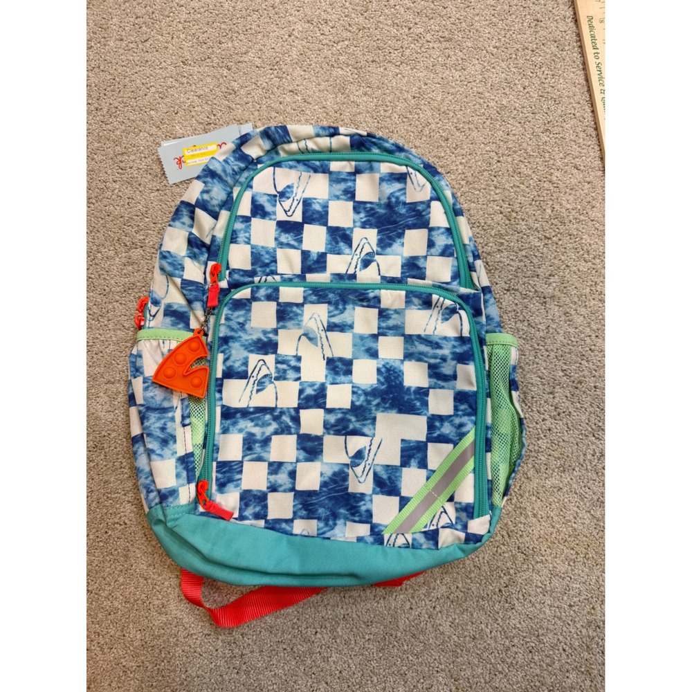 Cat & Jack Kids Shark Checkered Backpack Blue White Teal with Fidget Toy NWT
